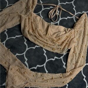Oh Polly Beaded Crop Top in Nude and Gold